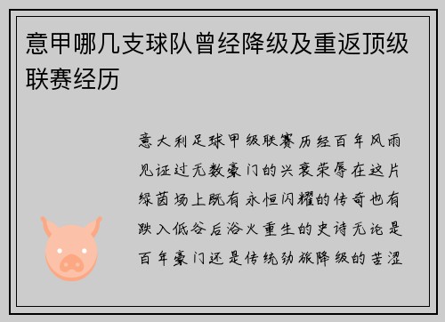 意甲哪几支球队曾经降级及重返顶级联赛经历