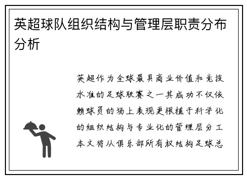 英超球队组织结构与管理层职责分布分析